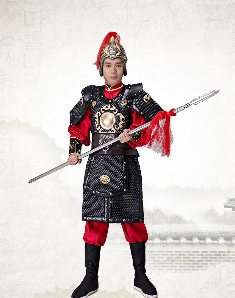 古装盔甲男古代将士小武将戏服岳飞戚继光演出服装铠甲披风定制款 红