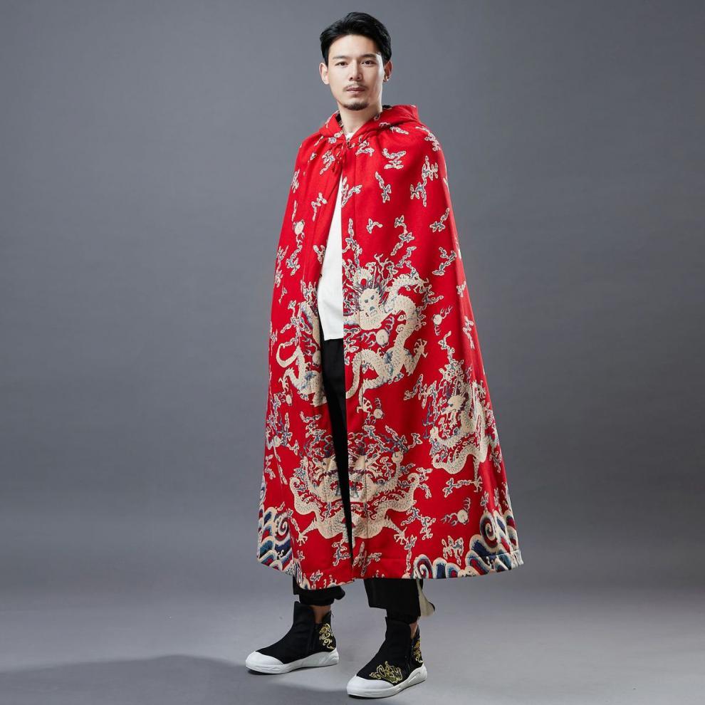 皇帝斗篷秋冬加绒斗篷披肩汉服披风古装复古中国风男棉麻风衣红色均码