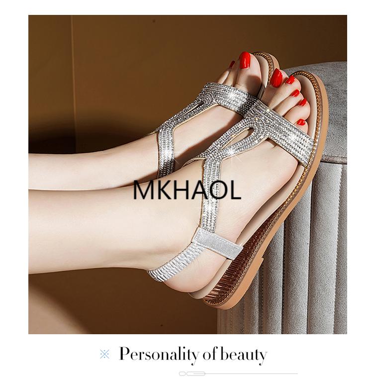 mkhaol香港轻奢潮牌仙女风坡跟平底水钻凉鞋女2022年夏季新款皮面松紧