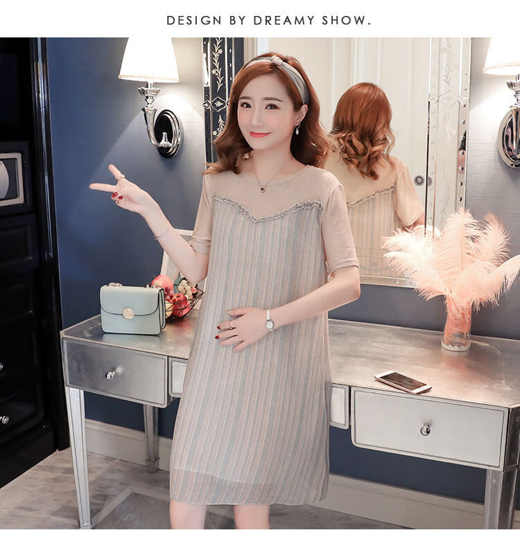 鹰裳孕妇装夏装2022时尚拼接宽松短袖雪纺连衣裙女怀孕期孕妇装高腰裙