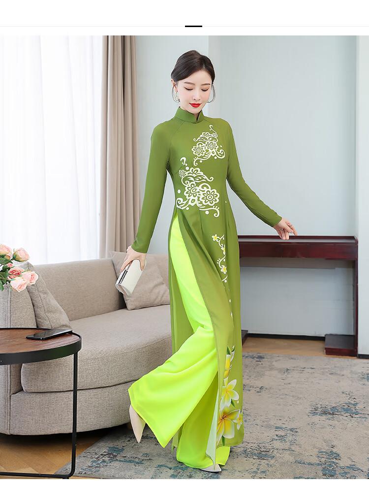 bianyemu越南奥黛旗袍演出复古修身礼服连衣裙量身丝绒雪纺祥云黄花