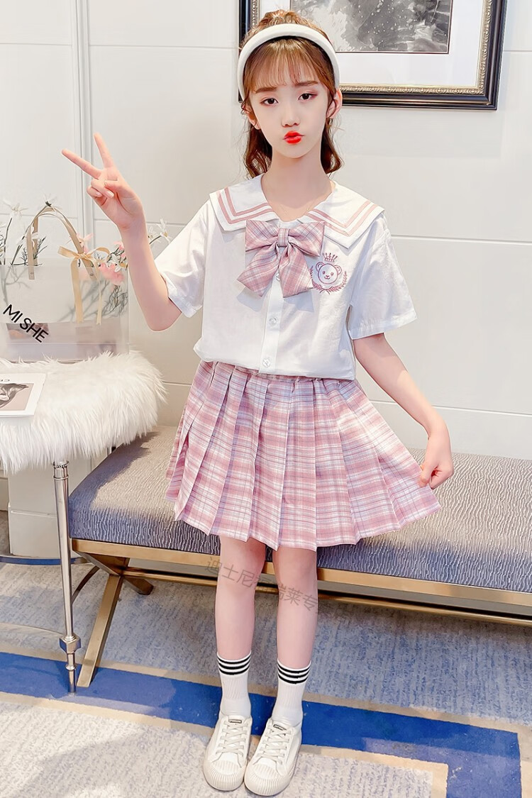 迪士尼童装同款儿童jk水手服套装夏装少女格子裙子女童学院风小学生