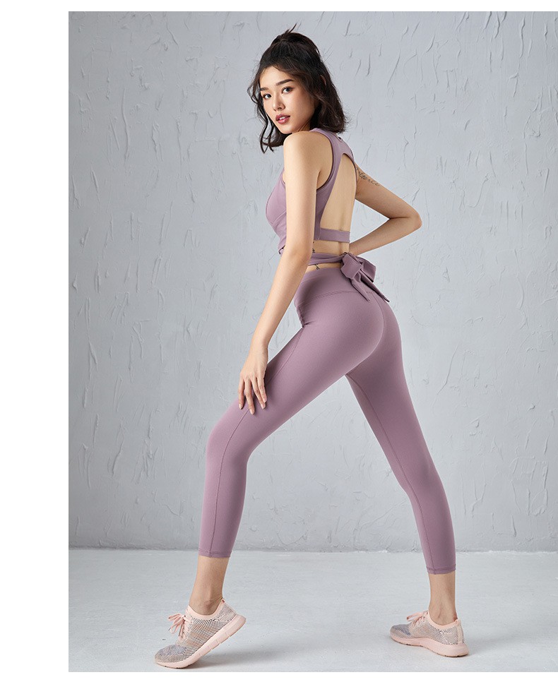 春夏新款健身瑜伽套装女后背绑带款上衣高腰紧身弹力提臀裤两件套砖