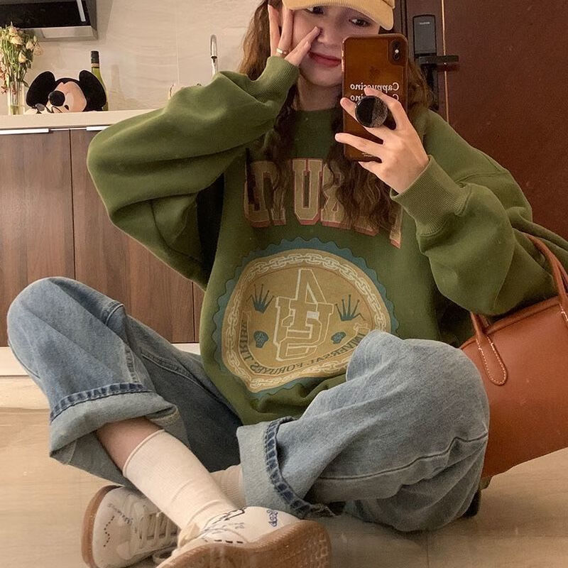 卫衣女春秋学生党复古绿色卫衣女2021年秋冬新款韩版加绒加厚印花长袖