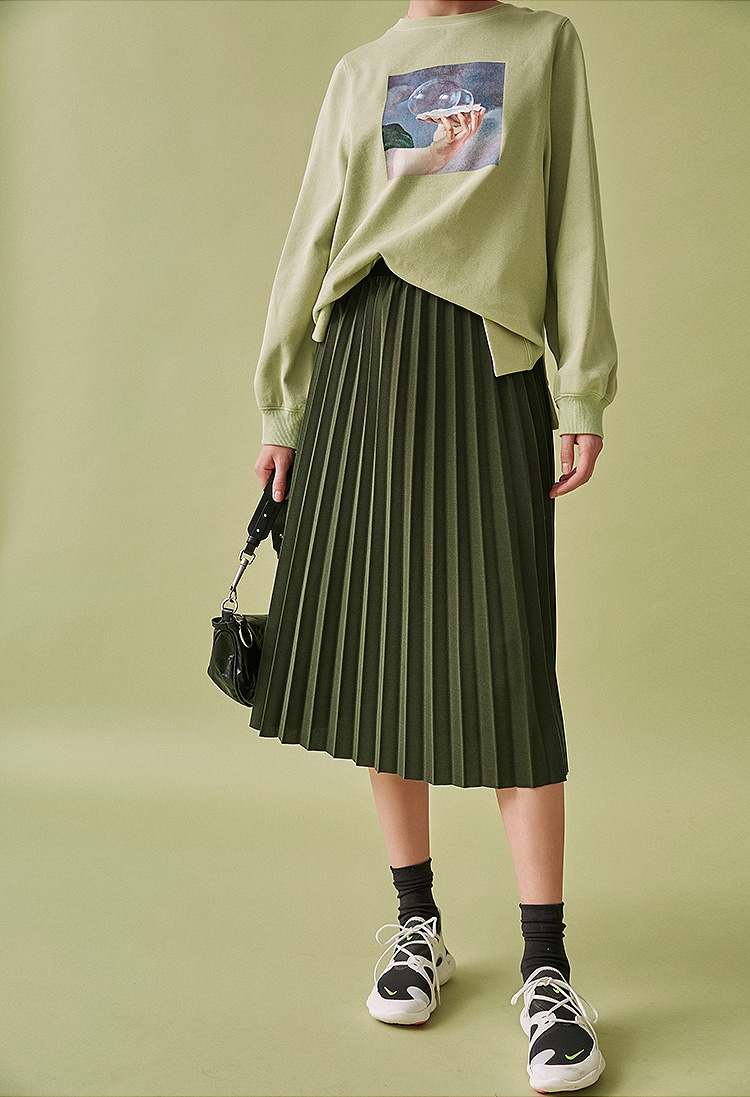 云上生活墨绿色百褶裙女过膝a字半身裙2020春新款q1657 墨绿色 l