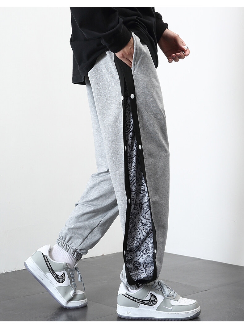 排扣裤子男士运动裤春季新款青少篮球腰果花束脚休闲长裤男黑色2xl