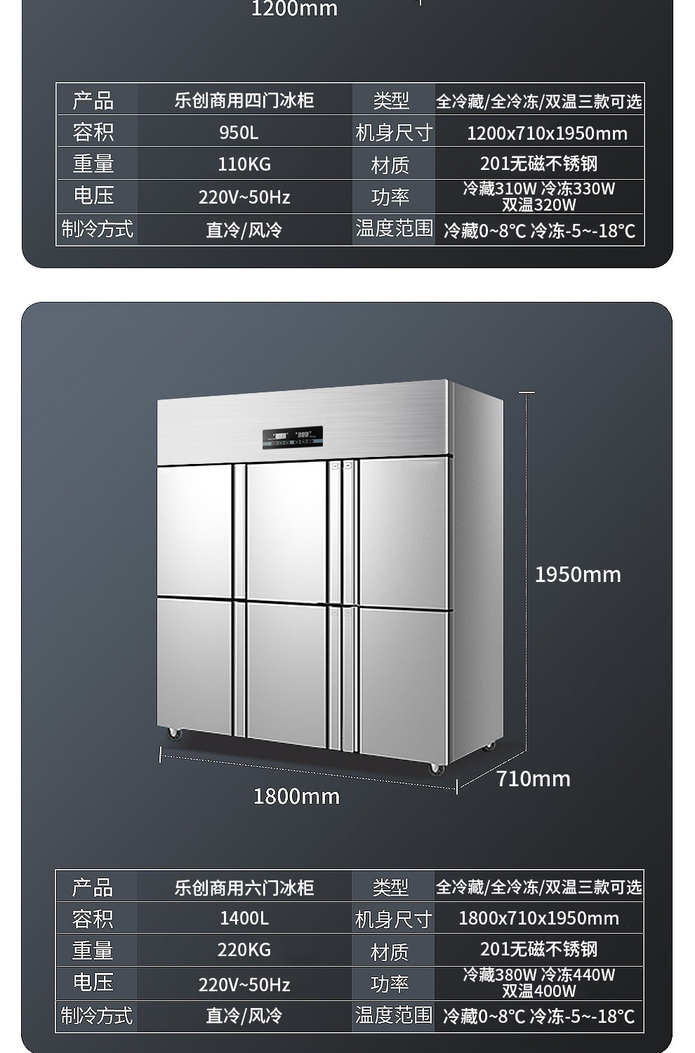 乐创lecon四门冰箱商用不锈钢立式冷藏冷冻双温保鲜柜展示柜四六门