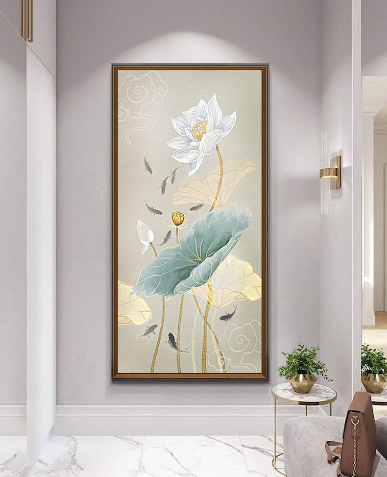 荷花九鱼新中式玄关装饰画竖版过道走廊客厅挂画进门壁画a3款50100cm