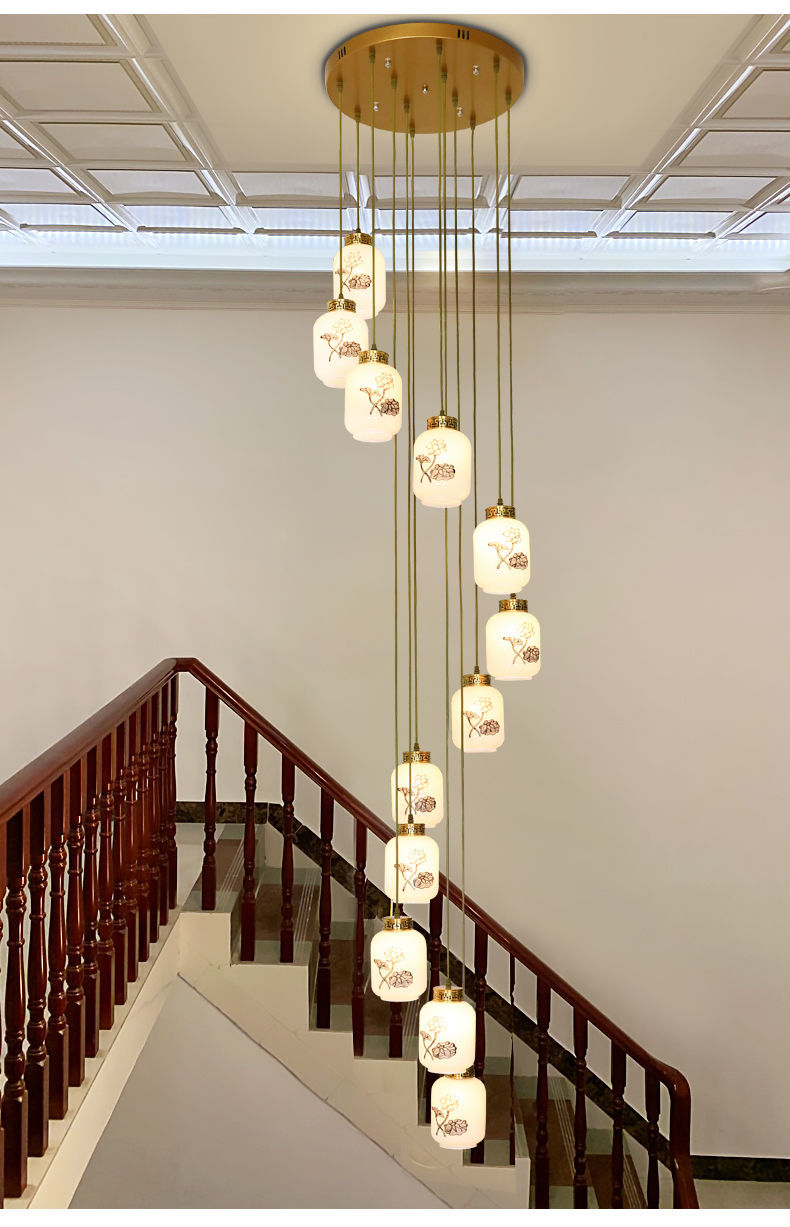 与善新中式楼梯灯长吊灯全铜珐琅彩loft阁楼灯现代中国风别墅复式楼灯