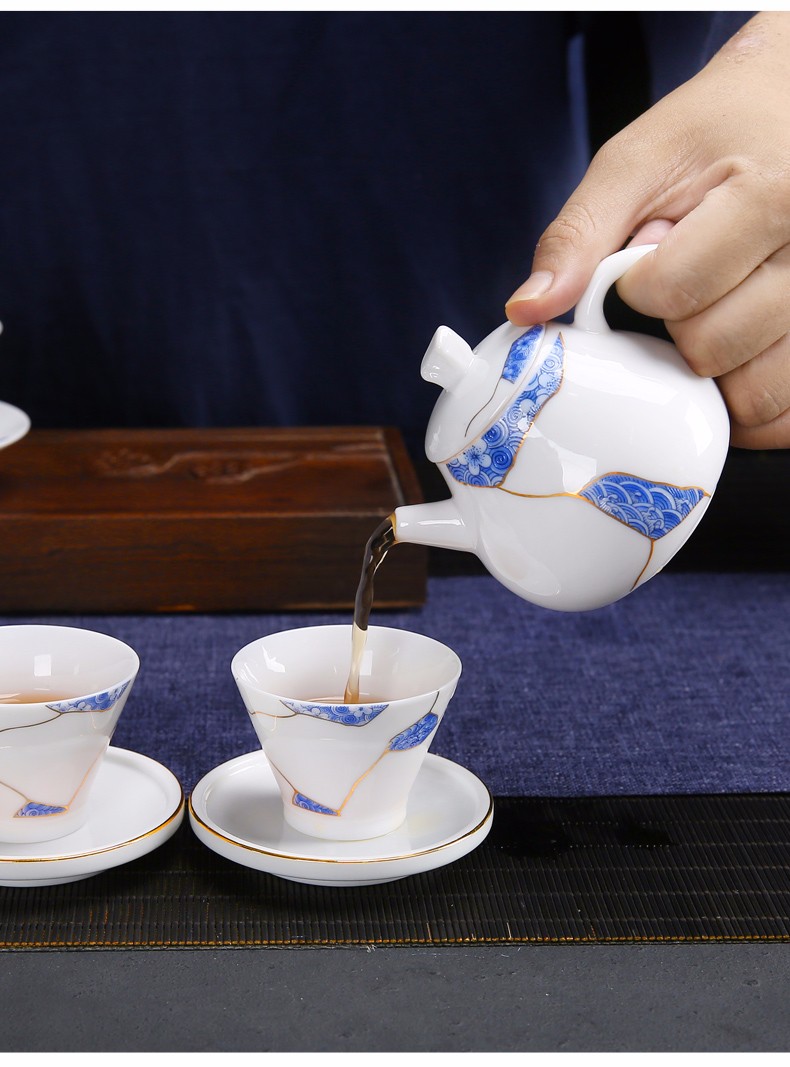 唐丰玉白瓷茶具套装青花蓝白茶壶盖碗家用泡茶器具斗笠杯描金杯垫