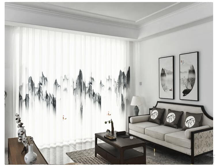 新中式水墨山水国画中国风窗帘画遮光窗纱客厅卧室飘窗阳台纱帘成品南