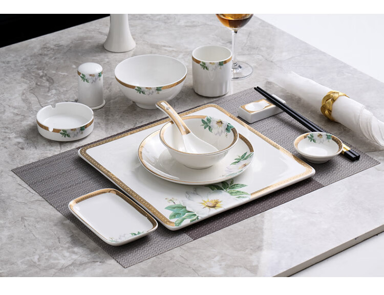 餐厅摆台餐具套装中式现代金边轻奢陶瓷碟盘子组合火锅单人碗碟 8件套