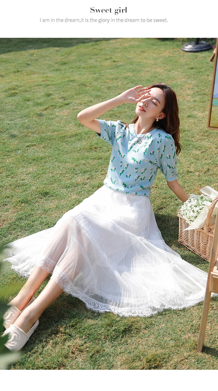 朵以2022春季新款浪漫百褶裙宽松高腰蕾丝百搭纱裙蛋糕半身裙女37vc63