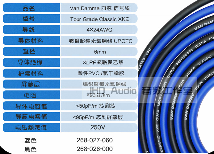 英国范登美vandammexke录音发烧4芯音频信号线平衡话筒线耳机黑色1米