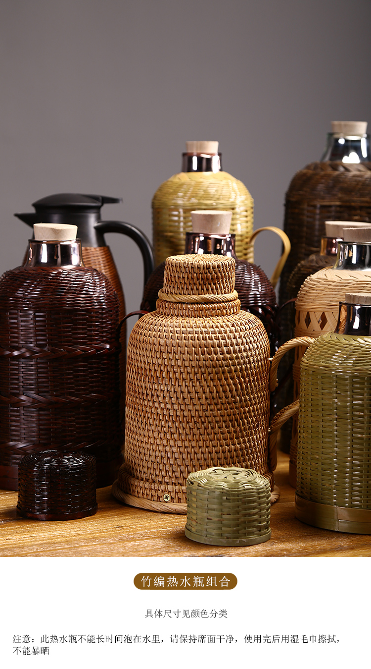 玻璃内胆保温壶 竹编热水壶家用复古暖水壶玻璃内胆老式开水瓶茶室