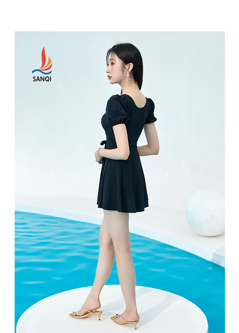 三奇泳衣女黑色连体裙式小心机性感v领ins风显瘦泡泡袖温泉游泳装黑色