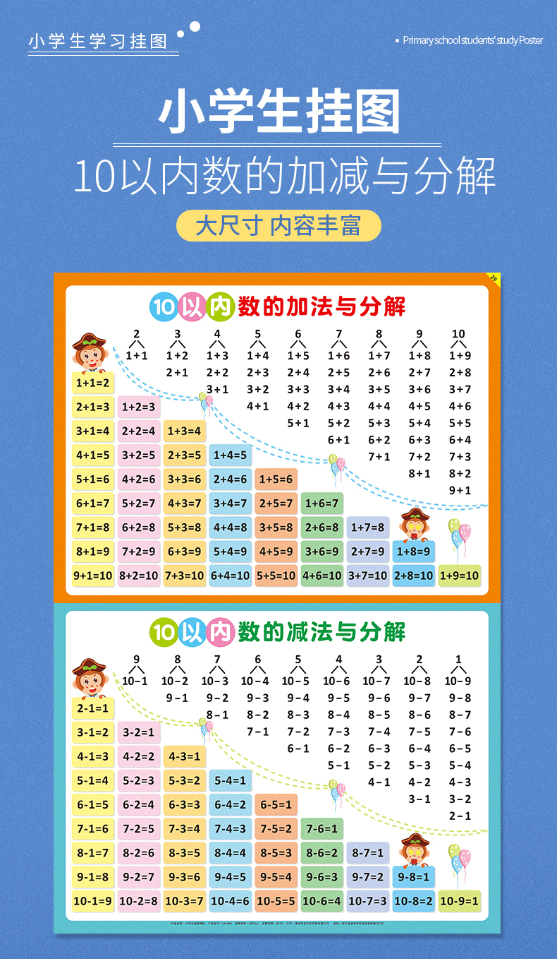 玟书2010以内加减法口诀表挂图儿童幼小衔接一年级小学生加减法全套