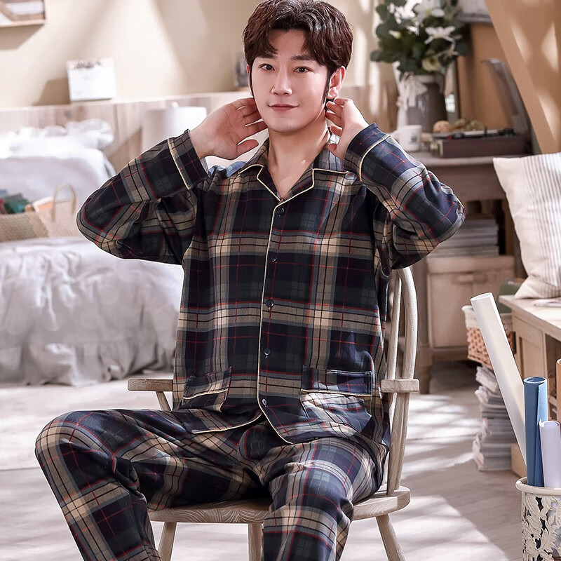 男士睡衣春秋季长袖纯棉韩版格子休闲宽松套装