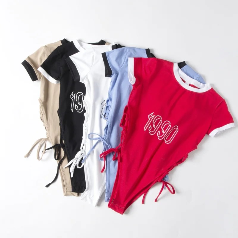 三角连体衣t恤女连裤上衣欧美连体露腰上衣短袖辣妹高叉连档夏黑短袖