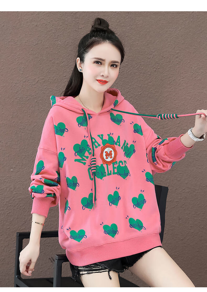 印花连帽卫衣女士秋季宽松慵懒风上衣潮花灰238时尚卫衣xl115130斤