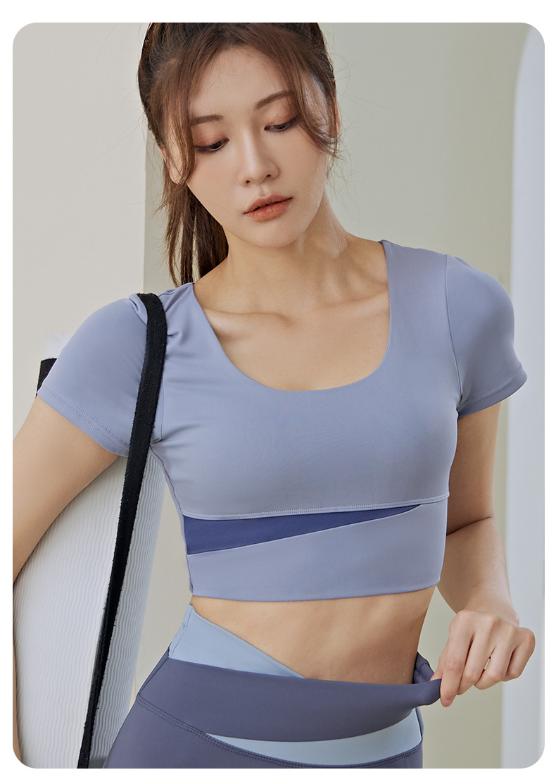 宾迪拼色短款瑜伽服运动紧身衣裸感带胸垫速干跑步健身短袖瑜伽上衣女