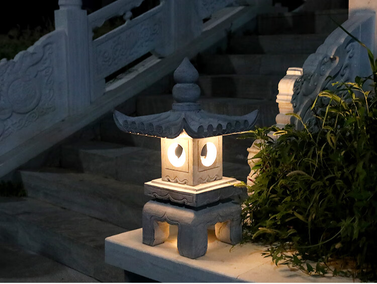 聚杨石雕灯笼日式庭院灯仿古青石灯花园景观户外草坪落地太阳能石头灯