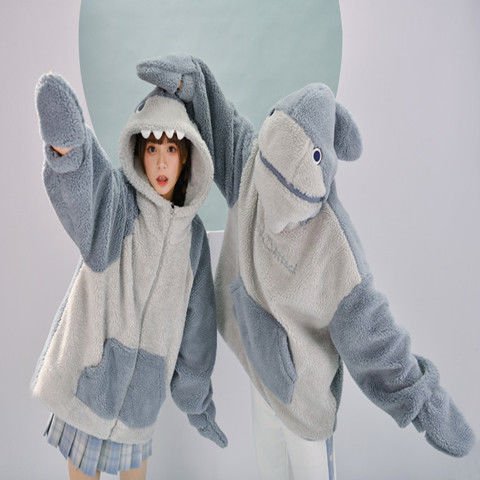 新款冬季女士卫衣2021自闭鲨鱼羊羔绒设计感可爱卫衣女新款加绒长袖