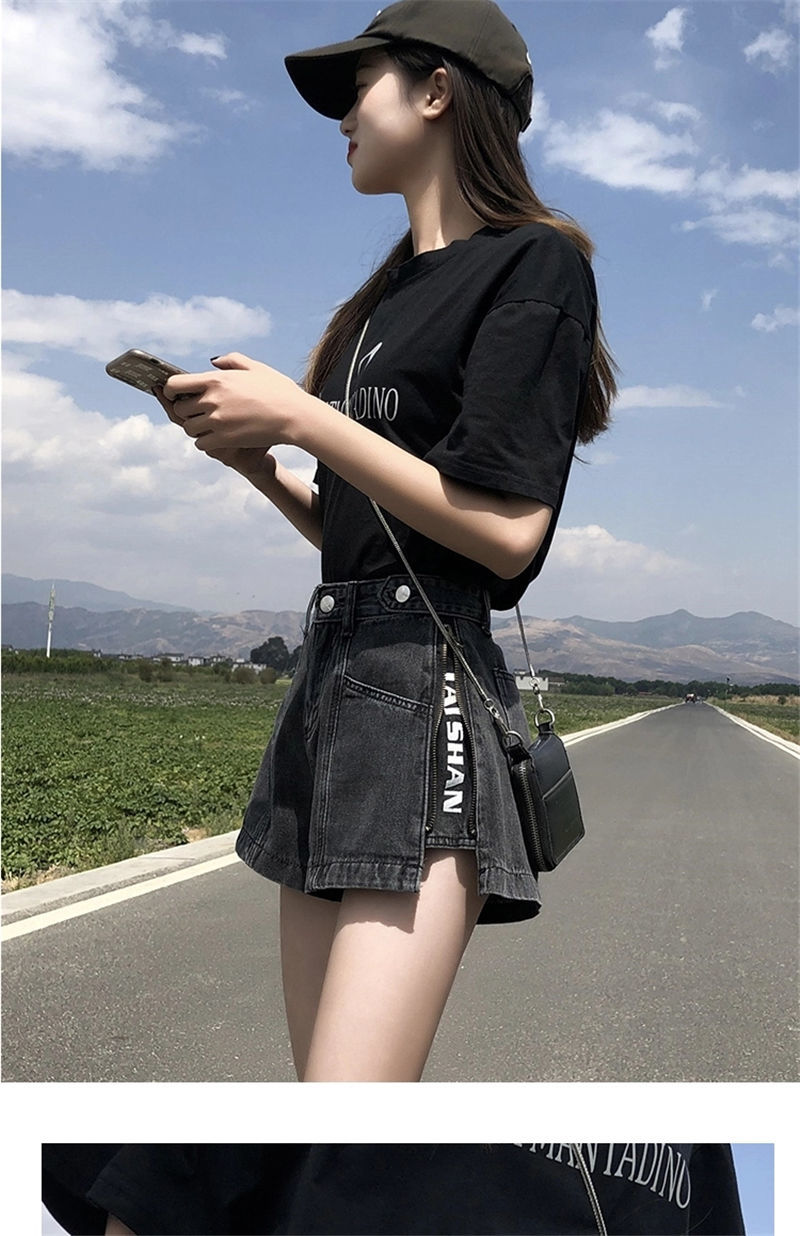 短裤女夏宽松2022牛仔短裤套装女夏季百搭时尚小个子宽松显瘦字裤蓝色