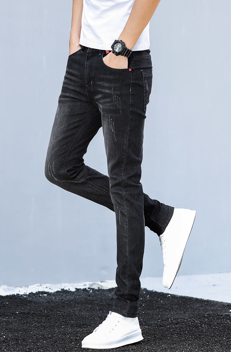 保暖加厚休身库孑超低腰牛仔裤男修身型加绒加绒加厚黑色牛仔裤男士