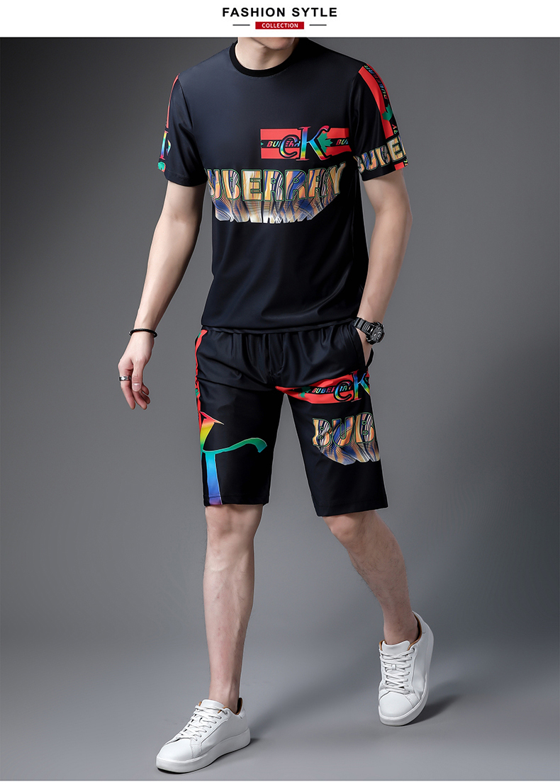 雪德雅时尚休闲运动短袖短裤套装男夏季高端潮牌帅气男装大码冰丝t恤