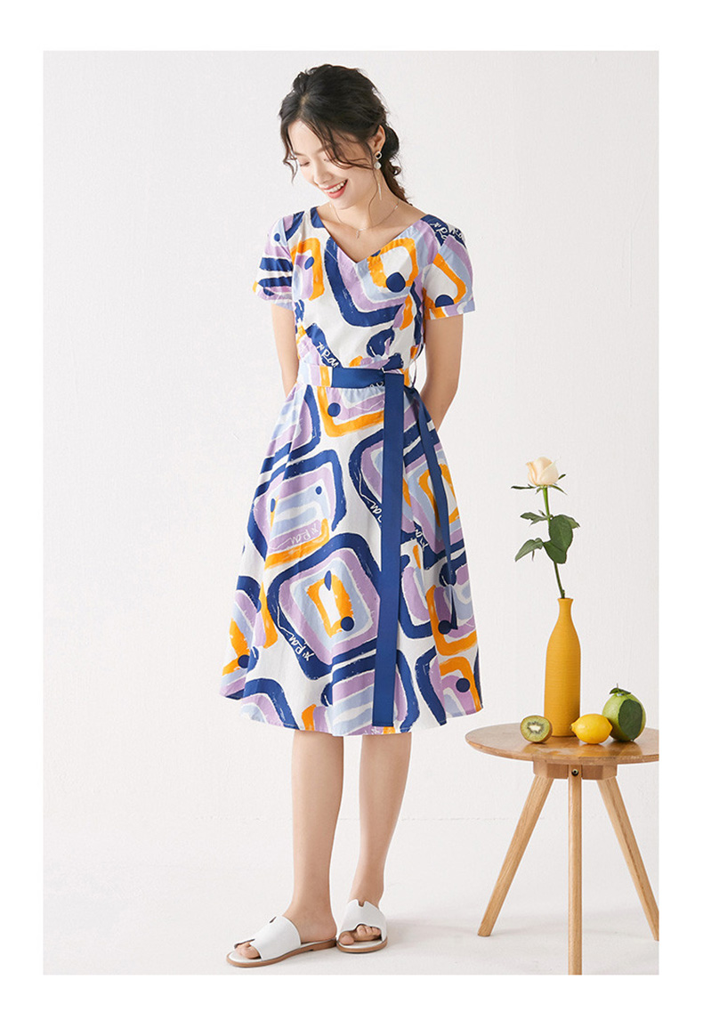 收腰感蝴蝶结印花碎花连衣裙女气质裙子 蓝底黄花 l【图片 价格 品牌