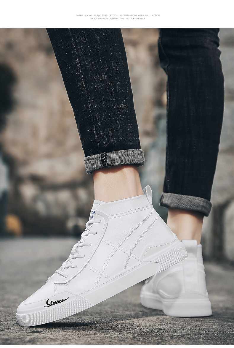 春秋季学生潮鞋男士高帮板鞋韩版潮流百搭休闲鞋男鞋帆布鞋皮面男生