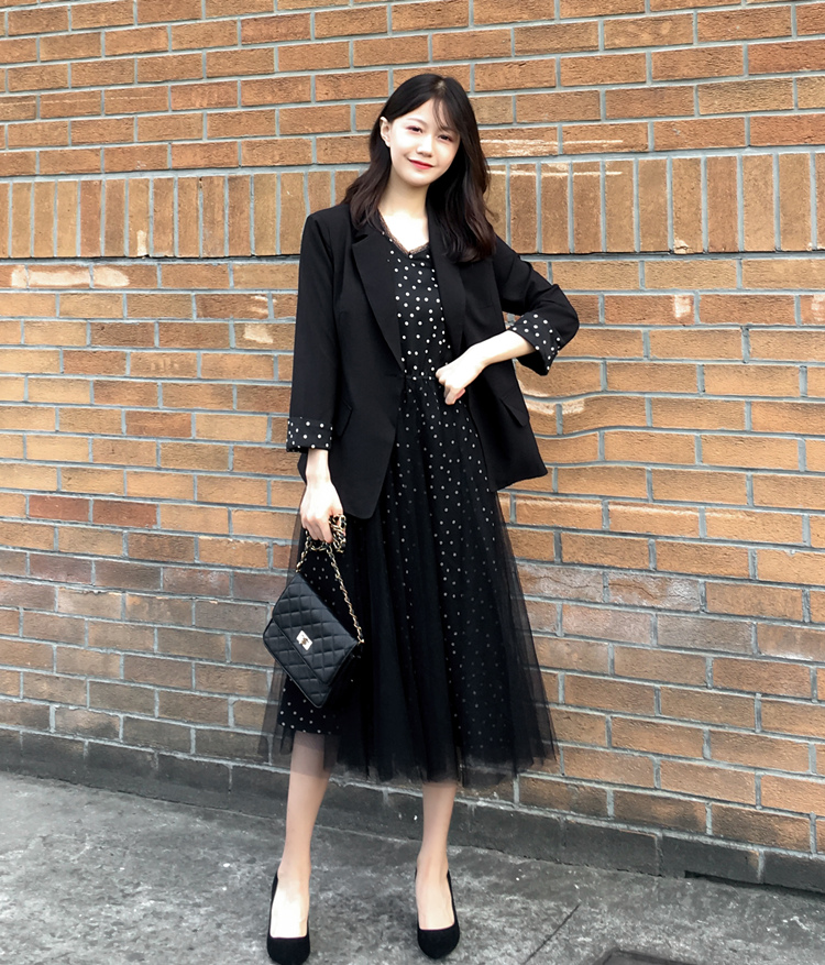 xuxu 香港潮牌 连衣裙两件套女装2020春秋新款小西装外套中长款波点