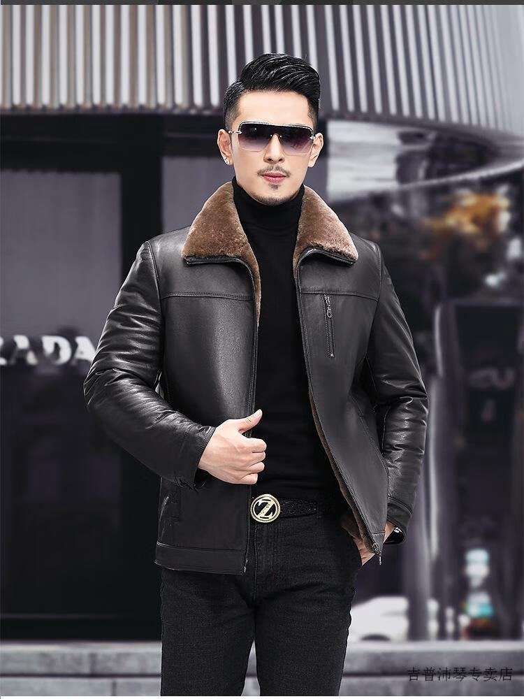 吉普jeep专柜高档大牌防寒保暖抗皱耐磨皮毛一体含羊毛内胆皮衣男真皮