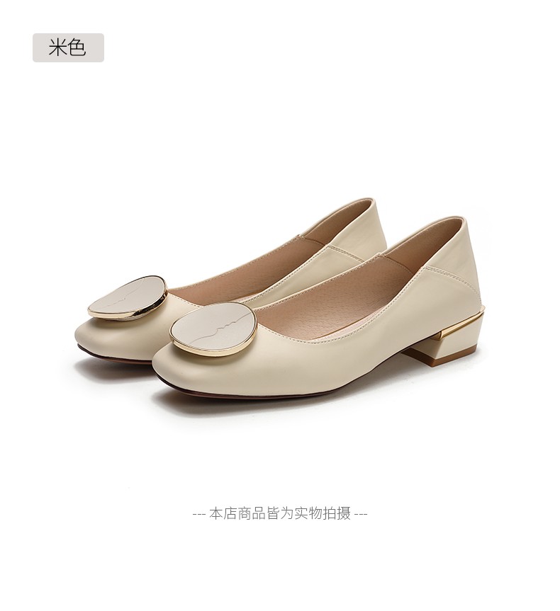 梦特娇方头单鞋女粗跟仙女风粗根圆扣百搭浅口晚晚温柔气质女鞋米色35