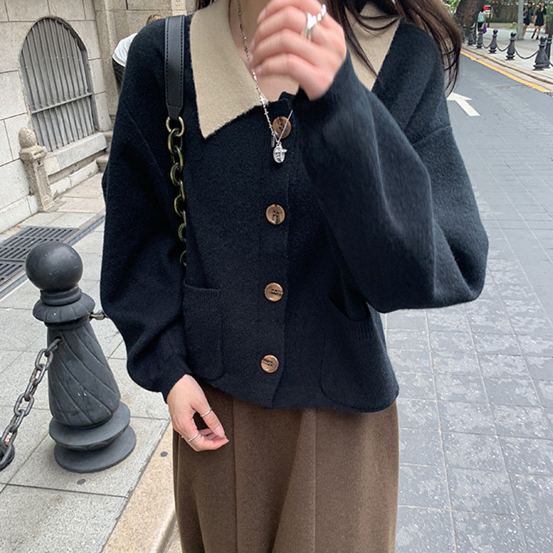 针织衫女复古港风毛衣女秋冬宽松外穿羊毛针织学生ins毛衣开衫时尚潮