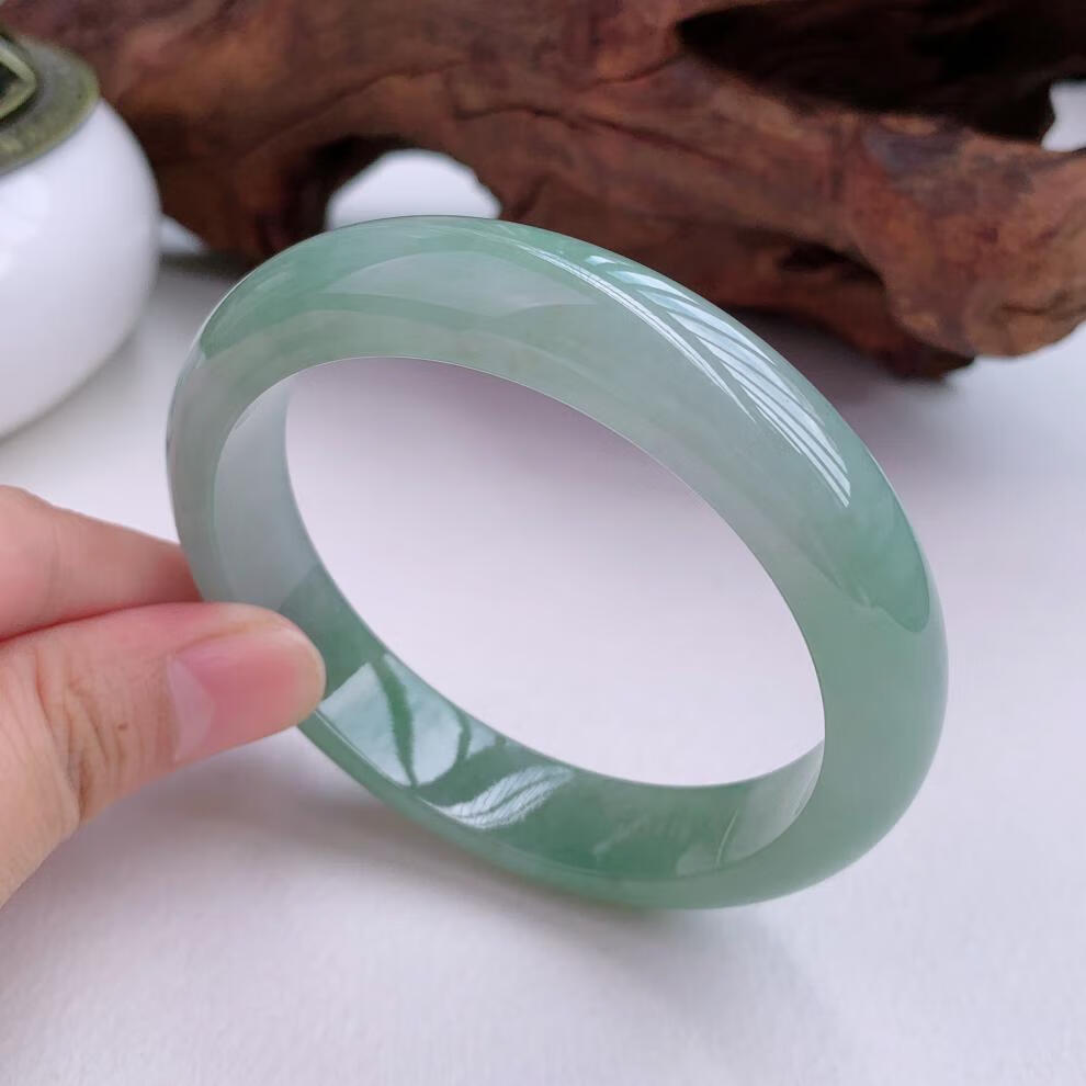 御漪 缅甸翡翠冰种油青飘花玉石正圈手镯玉石老坑女士贵妃绿晴镯子 52