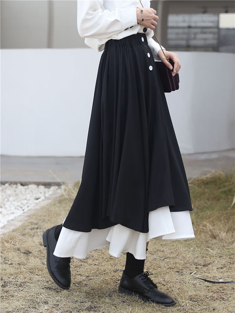 半身裙中长款春季新款高腰a字裙遮胯显瘦裙子女学生韩版不规则裙 单件