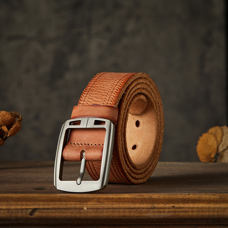 皮尔卡丹手工皮带男士真皮青年潮流腰带休闲中年头层纯牛皮裤带不锈钢
