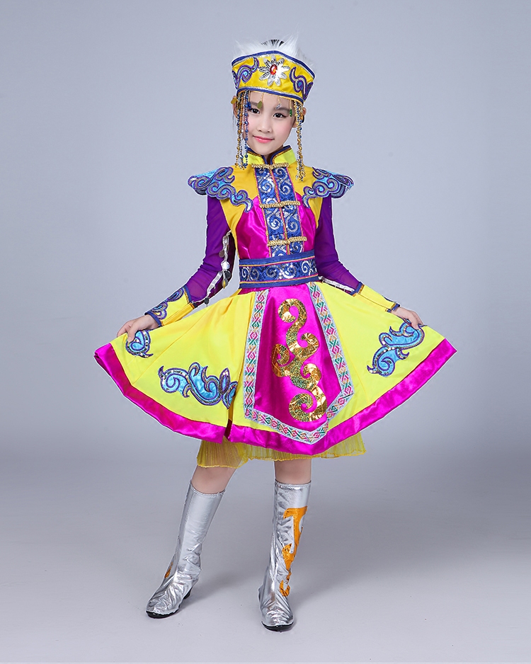 少儿童蒙古演出服少数民族表演服蒙古族舞蹈服装女孩幼儿园服 黄色