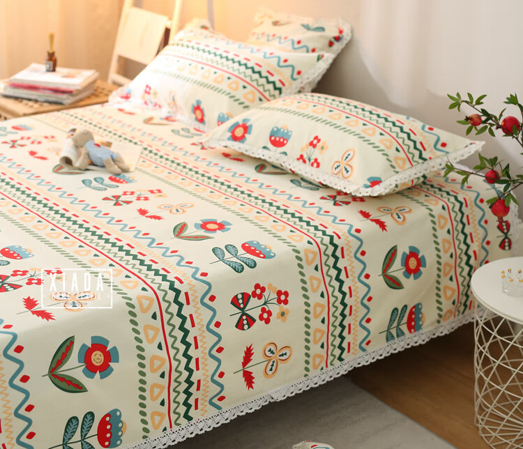 2022新款水星带蕾丝花边的老粗布床单凉席夏季清爽加厚麻炕被单田园风