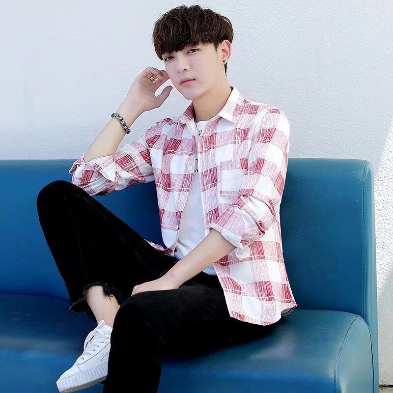 春季男装长袖衬衫春新款格子白色衬衫休闲衬衣韩版学生早春百搭男士