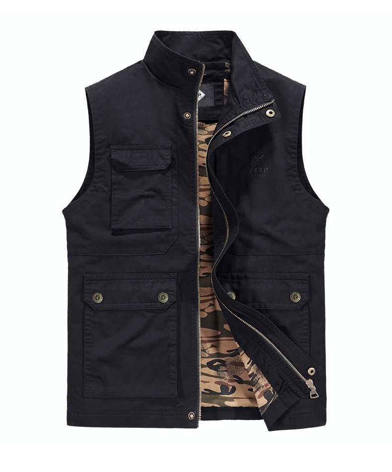 吉普(jeep) 春秋季户外多口袋马甲摄影钓鱼背心男士坎肩纯棉立领马夹