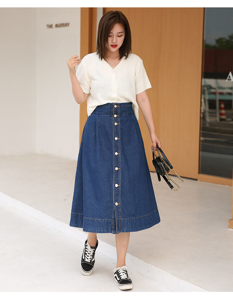 大码牛仔半身裙女韩版前排扣裙子胖妹妹减龄显瘦休闲牛仔裙子浅蓝色m