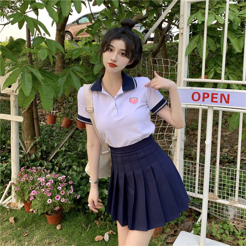 大学生初中高中生少女jk制服女夏季洋气套装学院风韩版polo领短袖t恤