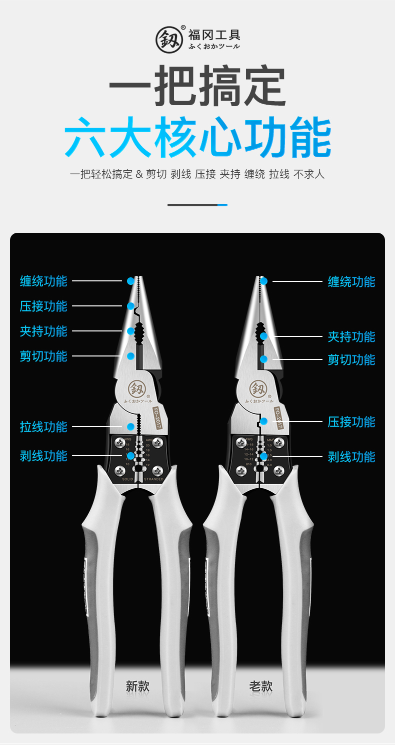 万用德国剥线尖嘴钳福冈尖嘴钳子尖口钓鱼钳多功能钢丝钳电工压剥线