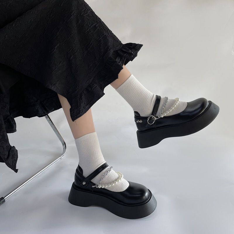 猪腰子鞋春秋小众设计感一鞋两穿厚底jk小皮鞋女可拆卸珍珠链条乐福鞋