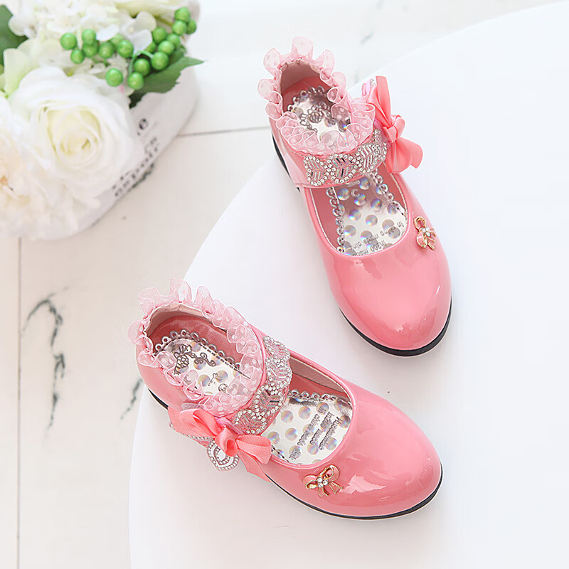 2020春秋新款女童公主鞋小女孩皮鞋学生高跟舞蹈单鞋花边水钻童鞋