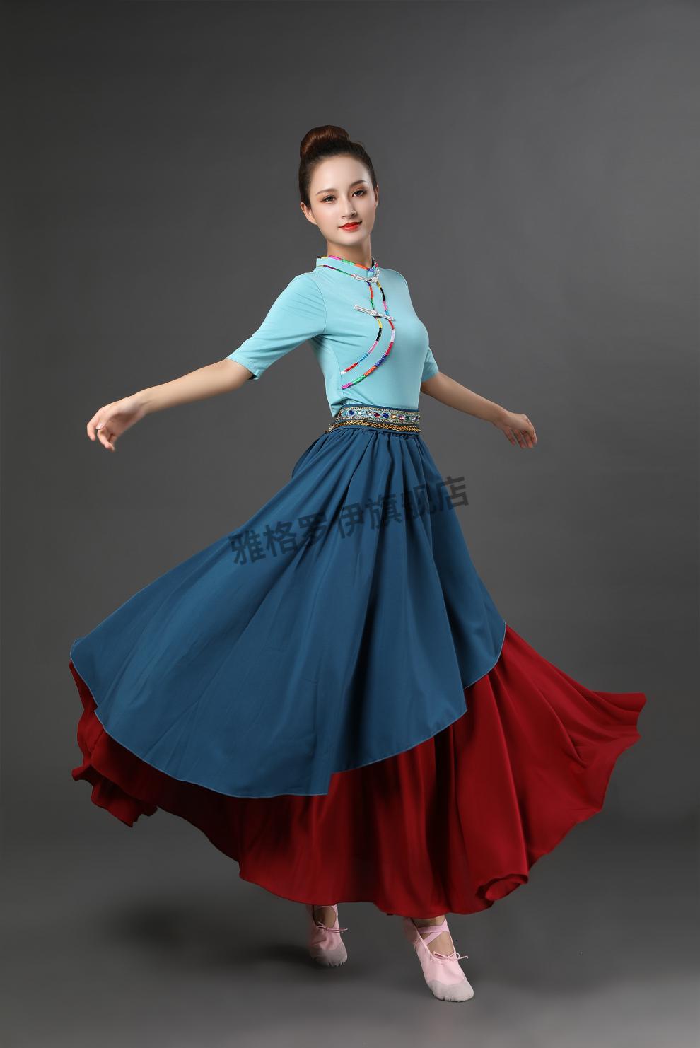 藏族舞蹈演出服装渐变套裙大摆裙子新款套装少数民族风服装 上衣蓝色 
