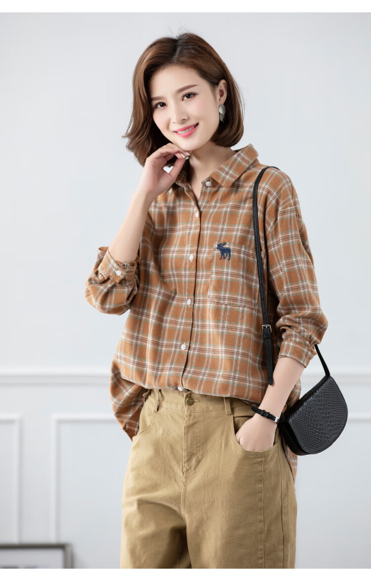 莎芡格子九分袖衬衫女文艺刺绣宽松休闲百搭衬衣韩版上衣2020秋装 桔